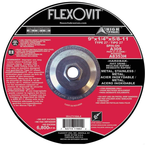 Flexovit HP Fast Grind Depressed Center Wheel, 9 in Dia x 1/4 in THK, A30S Grit, Aluminum Oxide Abrasive A8353H - main